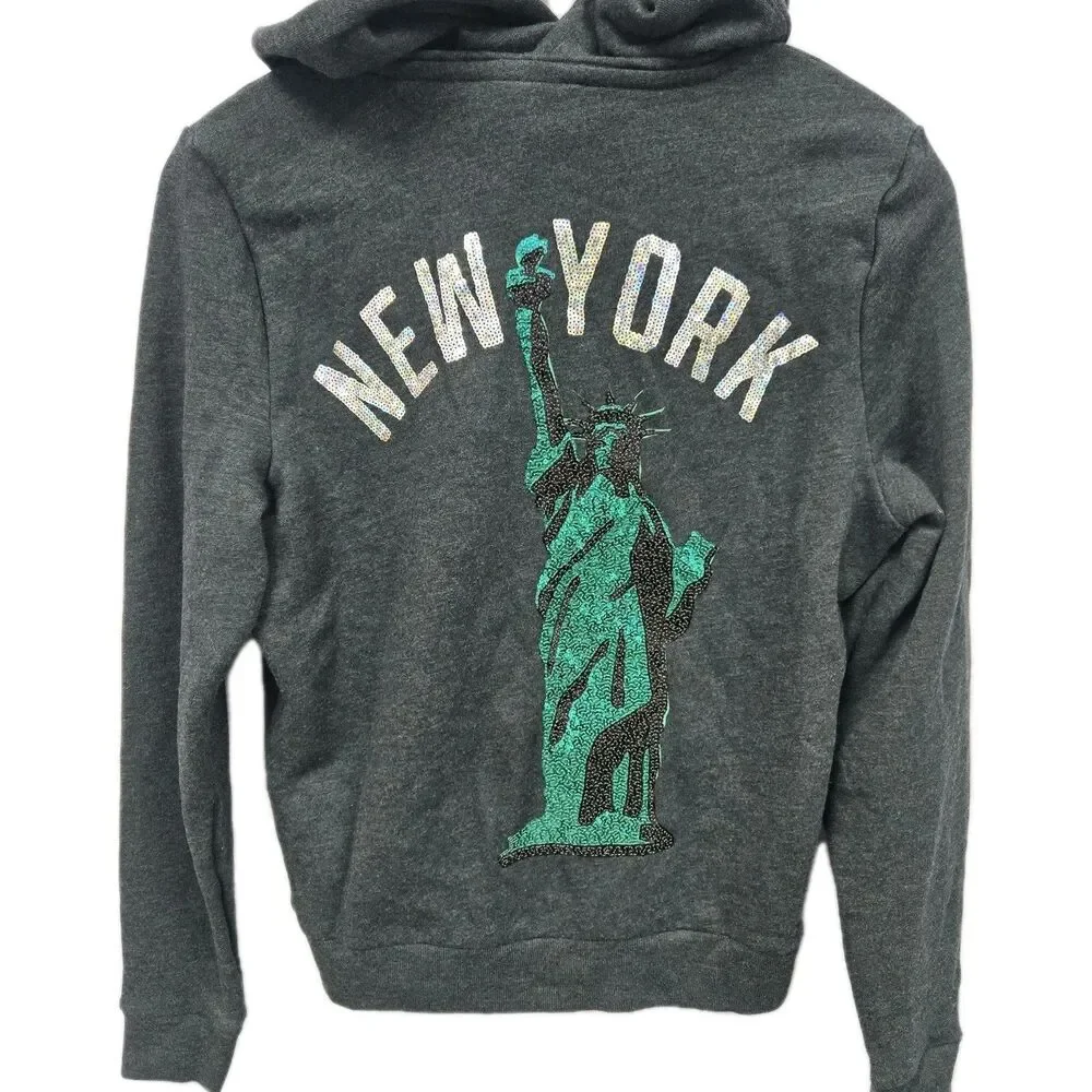 VS PINK Y2K Hoodie New York Bling Sequin XS Statue Of Liberty Zip Up Sweatshirt